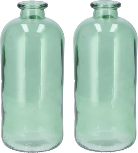 DK Design Bloemenvaas fles model - 2x - helder gekleurd glas - zeegroen - D11 x H25 cm