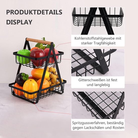 Fruitetagère Met 2 Verdiepingen - Afneembare Fruitschaal Van Metaal Keuken Fruit Opbergmand Zwart