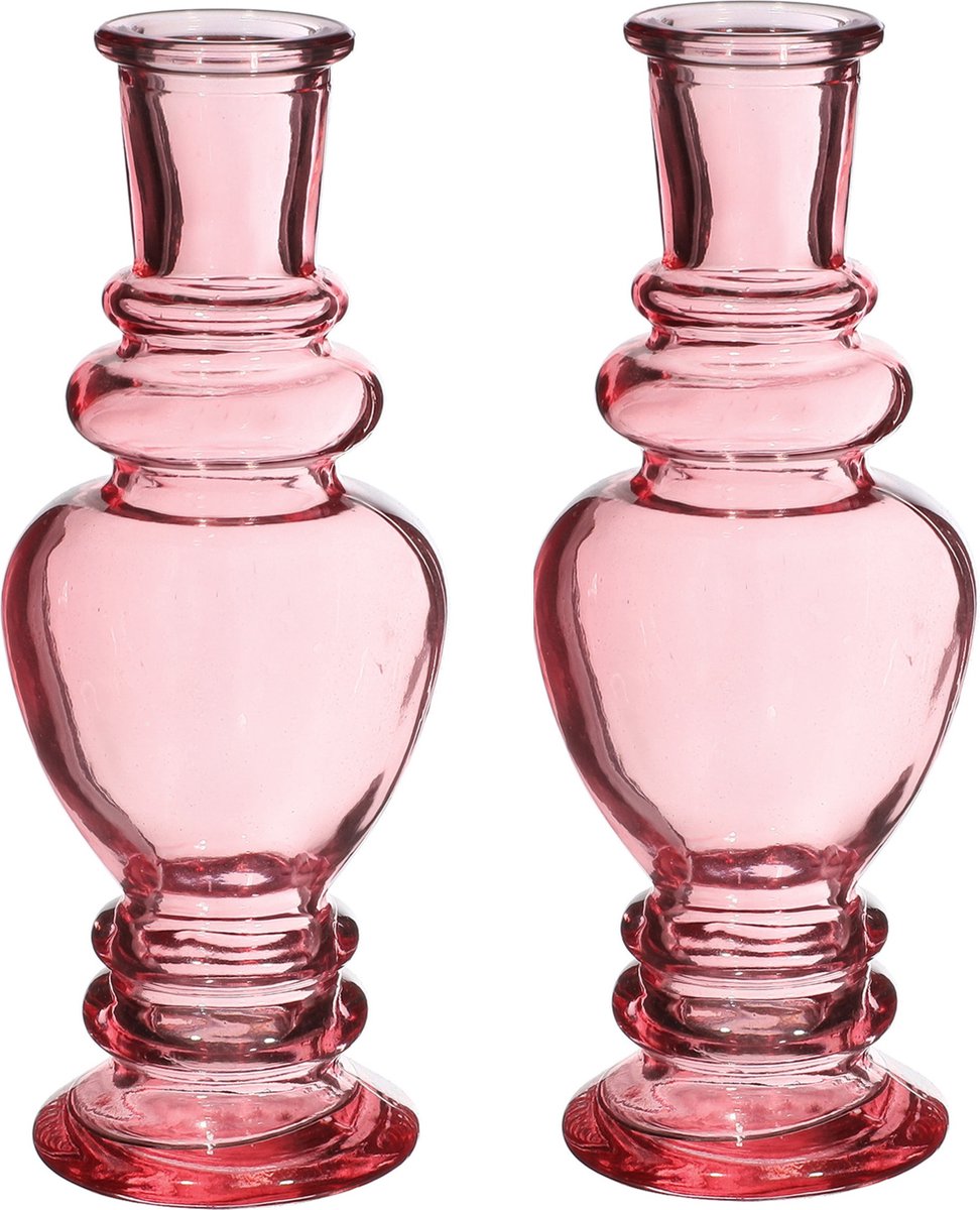 Ideas 4 Seasons Bloemenvaas Venice - 2x - voor kleine stelen/boeketten - gekleurd sierglas - helder roze - D5.7 x H15 cm