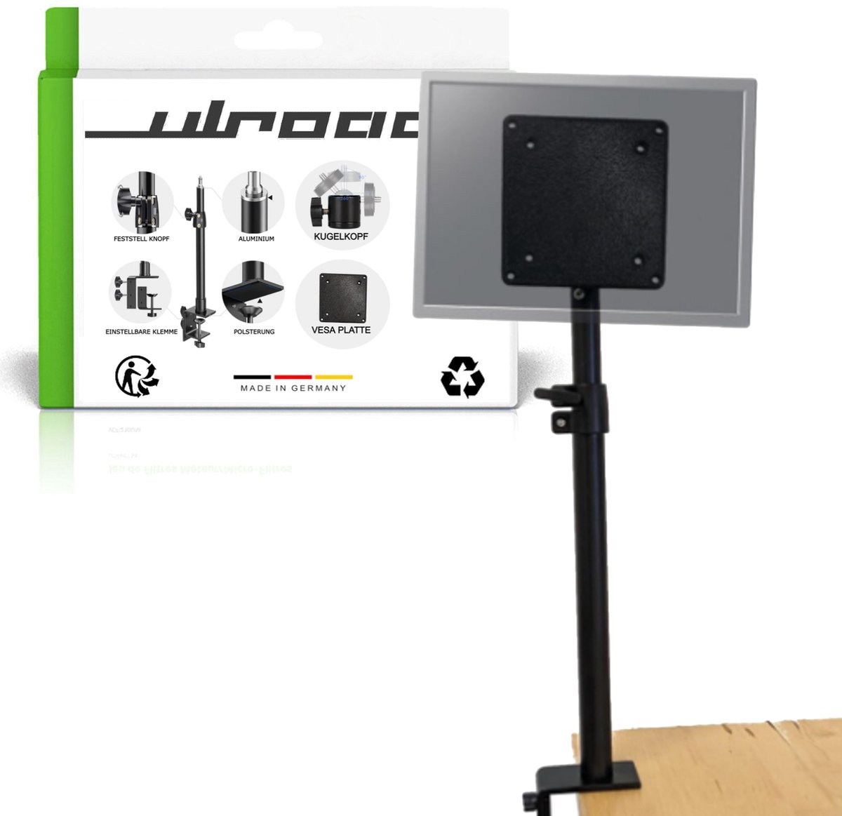 ULROAD monitor tafelbeugel I klemstatief + VESA adapter 75 I 100 mm voor scherm - studio statief - Universeel geschikt voor VESA 75 / 100