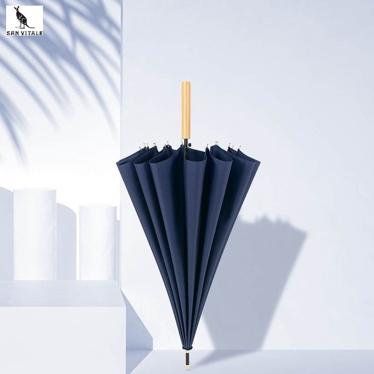 San Vitale® - Paraplu met Houten Handvat - Ø 105 cm - Paraplu opvouwbaar - Paraplu's - Blauw