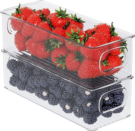 Koelkastorganizer, set van 8, stapelbare opbergdoos, klein, met handgrepen, voor keuken, vriezer, voorraadkast, kasten, doorzichtig, BPA-vrij