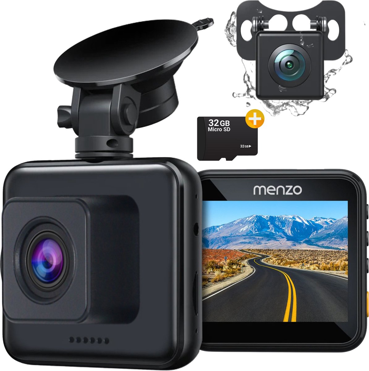 Menzo Dual Dashcam voor Auto - 2023 - Auto Camera Voor en Achter - Full HD - Nachtvisie - Parkeerstand met ingebouwde G-sensor - Inclusief batterij - 170° Wijdhoeklens - Mini - Incl 32GB SD-kaart