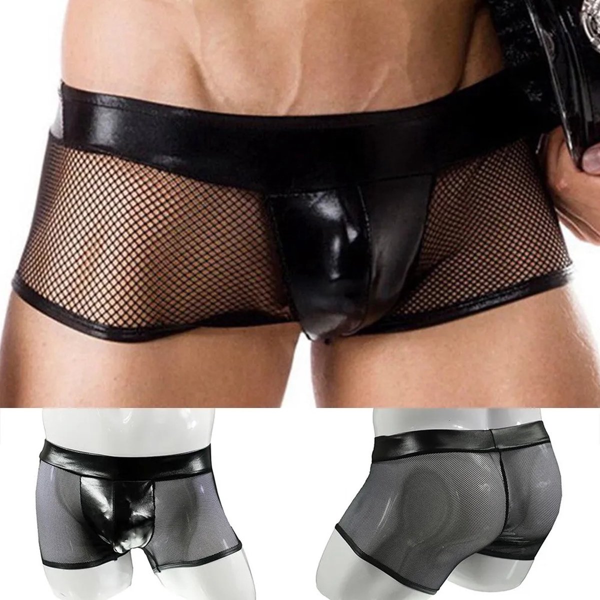 Goedkoopste Boxer-Gaas-Ademend-Kort model-Latex-Heren-Sexy-Erotisch-Mannen-Zwart