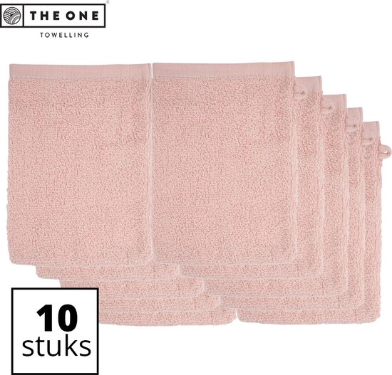 Verpakking van tien zachtroze washandjes met lusjes.