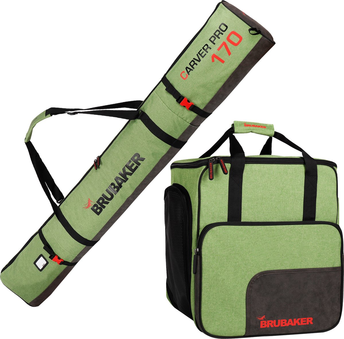 BRUBAKER Combi Set Carver Performance - Skitas en Skischoen Tas voor 1 paar ski's + stokken + schoenen + helm - Groen gemêleerd zwart