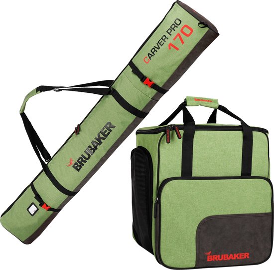 BRUBAKER Combi Set Carver Performance - Skitas en Skischoen Tas voor 1 paar ski's + stokken + schoenen + helm - Groen gemêleerd zwart