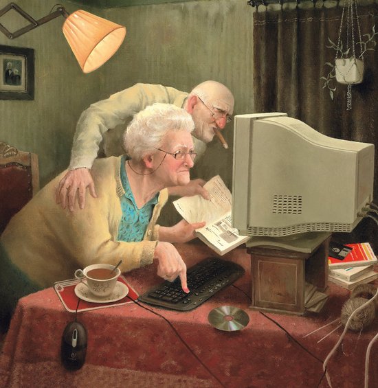 Schilderij van een oud stel dat samen naar een computer kijkt. De vrouw wijst naar het scherm, de man rookt een sigaar.