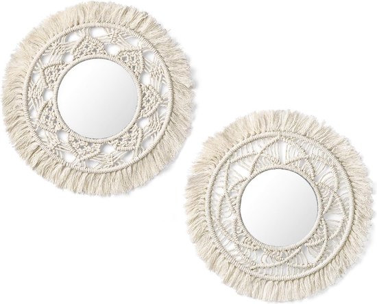 QUOTRE Set van 2 aan de muur hangende decoratieve spiegel met geweven franje ivoorwit boho ronde wandspiegel voor thuis slaapkamer woonkamer decoratie