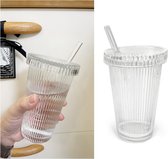 Drinkglas, gecanneleerd kristalglas, inmaakglas met drinkrand en rietje, brede opening, drinkbeker voor sap, melk, koffie