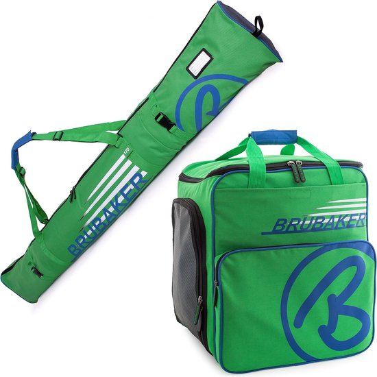 Foto: Brubaker combi set champion limited edition skitas en skischoen tas voor 1 paar ski s 170 cm stokken schoenen helm groen blauw