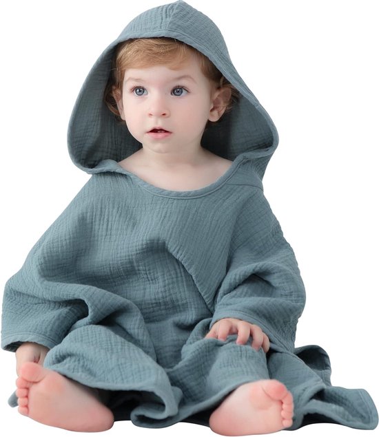 Badponcho voor kinderen, babyponcho badhanddoek, 100% katoen-mousseline, babyhanddoek met capuchon, super absorberende capuchonhanddoek voor baby's en kinderen, 64x60 cm (blauw)