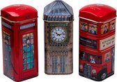 New English Teas British Souvenir 3x Tea Tins with 42 English Breakfast Teabags - Big Ben, London Bus, Telephone Box