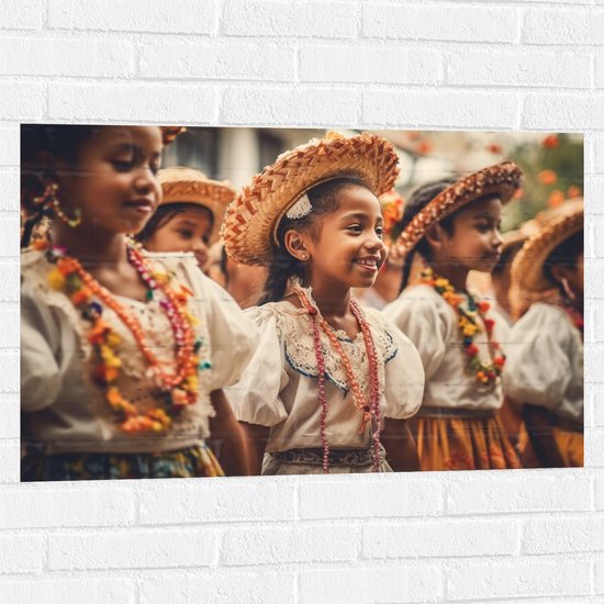 Muursticker - Kinderen - Hoedjes - Jurkjes - Kleuren - Dansen - 90x60 cm Foto op Muursticker