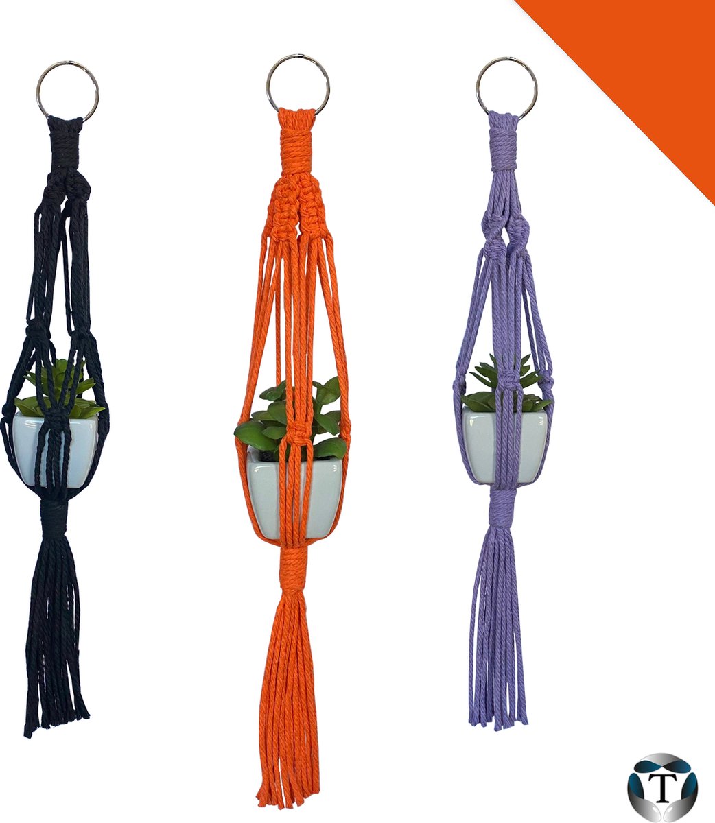 MINI Plantenhangers | HALLOWEEN | Oranje | Zwart | Paars | 100% Katoen | 3 stuks | Plantenpot Ophangen | 40 cm | Mini | Plantenhangers Macramé | Macramé Koord | Binnen & Buiten | TheOldOmen |
