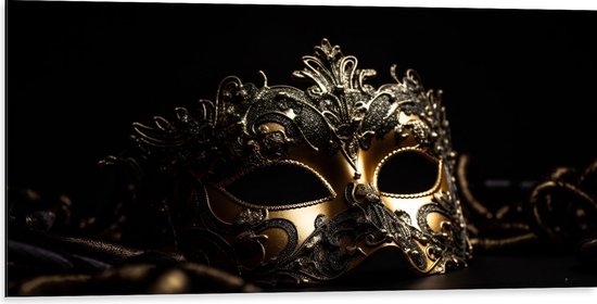 Dibond - Masker - Zwart - Goud - 100x50 cm Foto op Aluminium (Met Ophangsysteem)