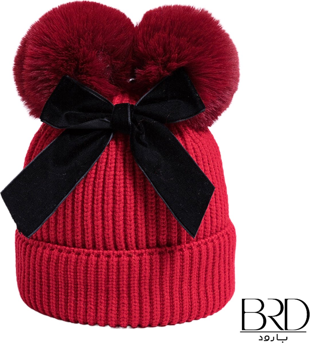 BRD Winter® |Wintermuts Rood met 2 Pompons voor kinderen | Kind | Meisjes | baby 1 tot 3 jaar | Gebreid met warme katoenen voering | afneembare Pompons | met Velvet strik