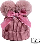 BRD® Winter | Wintermuts Roze met 2 Pompons voor baby / kinderen | Kind | Meisjes | Geschikt van 1 jaar tot en met 3 jaar | Gebreid met warme katoenen voering | afneembare Pompons | met Velvet strik