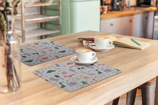 Set de table - Napperons en plastique - Motifs - Dino - Arbre - Garçon - Garçons - Enfants - Kids - 45x30 cm - 6 pièces - Résistant à la chaleur - Antidérapant - Sous-couche - Amovible