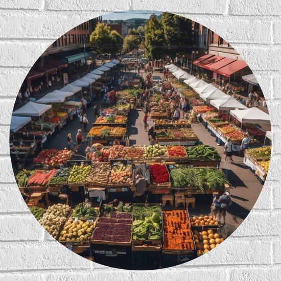 Muursticker Cirkel - Markt - Eten - Groente - Fruit - Mensen- Kraampjes - 70x70 cm Foto op Muursticker