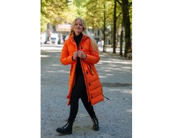 Lange dames winterjas - Gewatteerd en getailleerd - Oranje - Maat 44