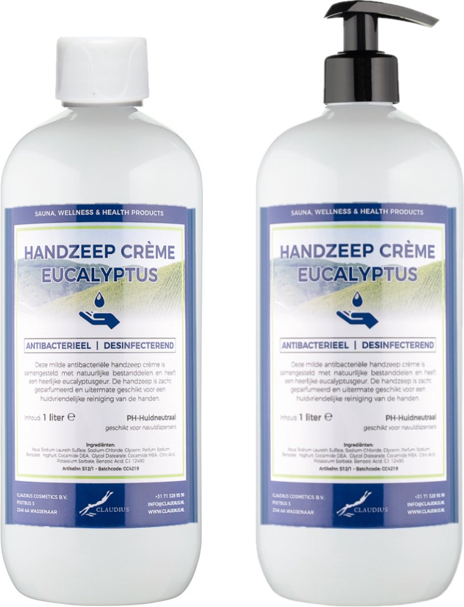 Goedkoopste Handzeep Crème Eucalyptus 1 liter - met gratis pomp - set van 2 stuks