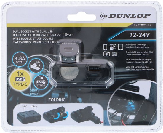 Répartiteur de prise allume-cigare Dunlop - USB-A et USB-C - 12V/24V - 4,8 A  - 2