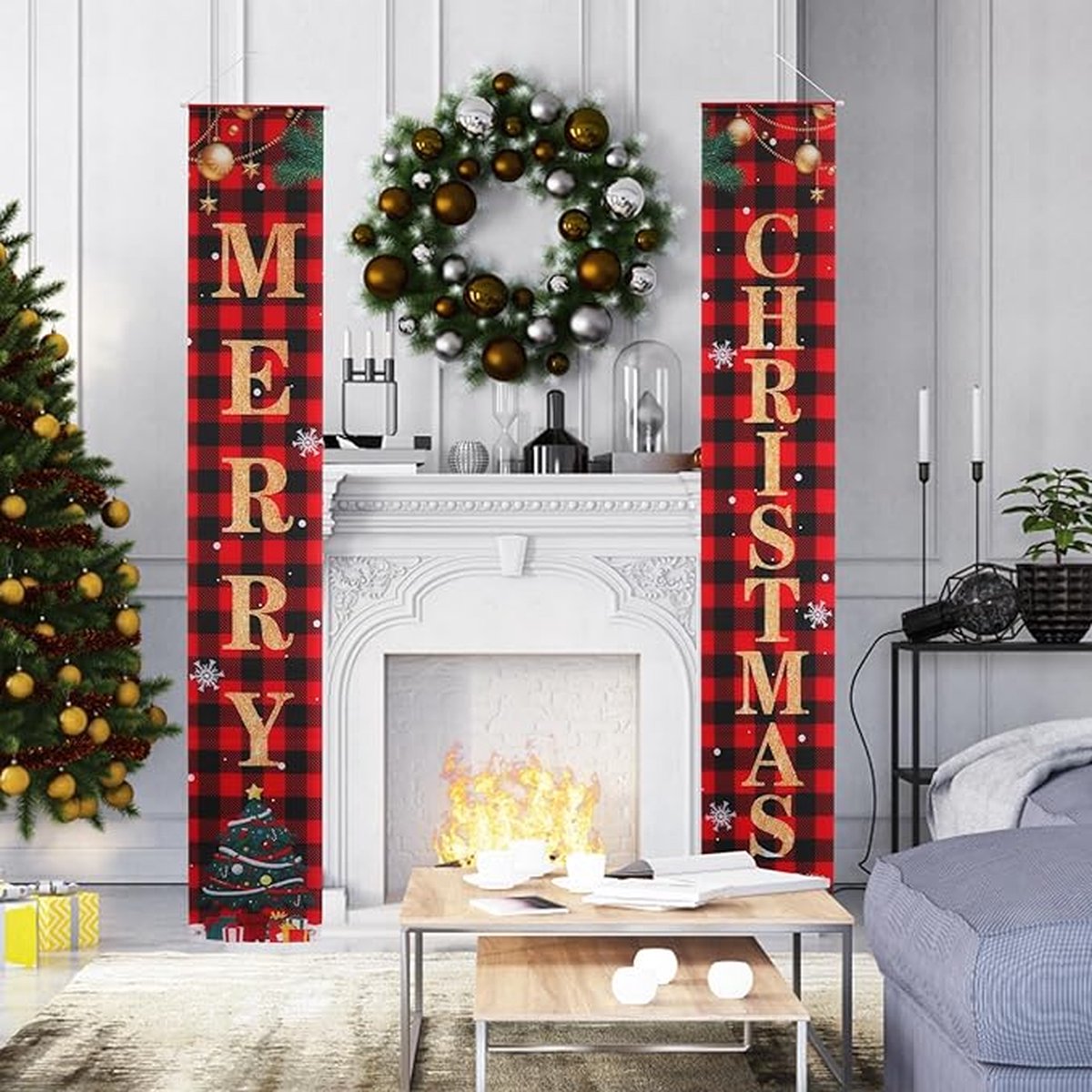 Bannière Noël Joyeux Noël 180x30 Cm - Tissu Polyester, Motif Plaid Rouge, Pour Extérieur/intérieur