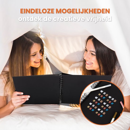 Twee jonge vrouwen, kijkend naar een open zwart plakboek terwijl ze onder een deken zitten.