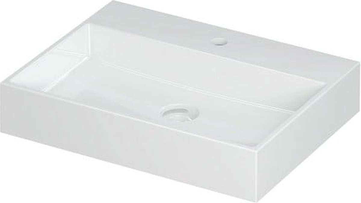 INK® United wastafel porselein met 1 kraangat, inclusief porseleinen click plug en verborgen overloop systeem 60x45x11cm, glans wit