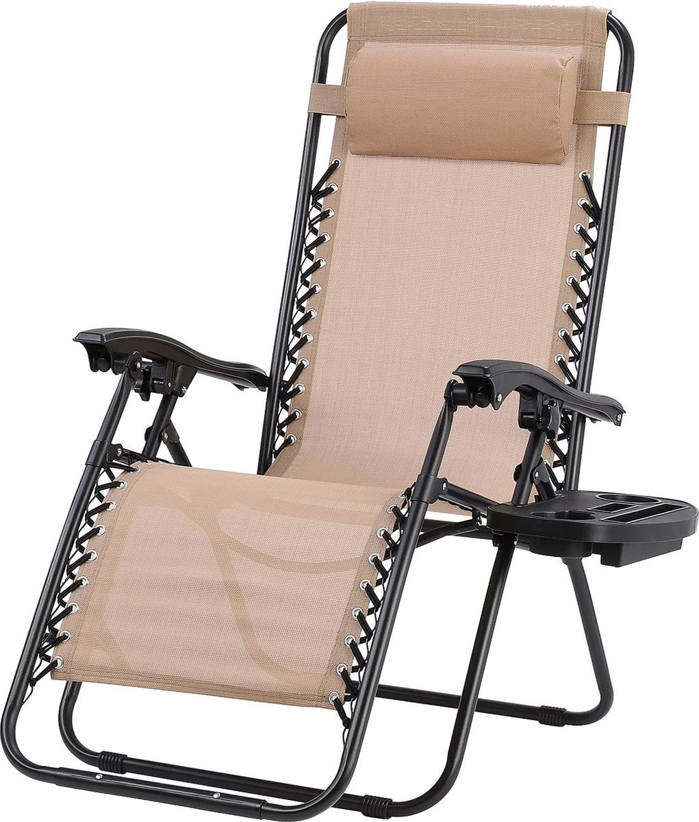 Inklapbare ligstoel met verstelbaar hoofdkussen en rugleuning, relaxstoel voor lunchpauze met bekerhouder, ergonomisch en ademend, Beige/lichtbruin