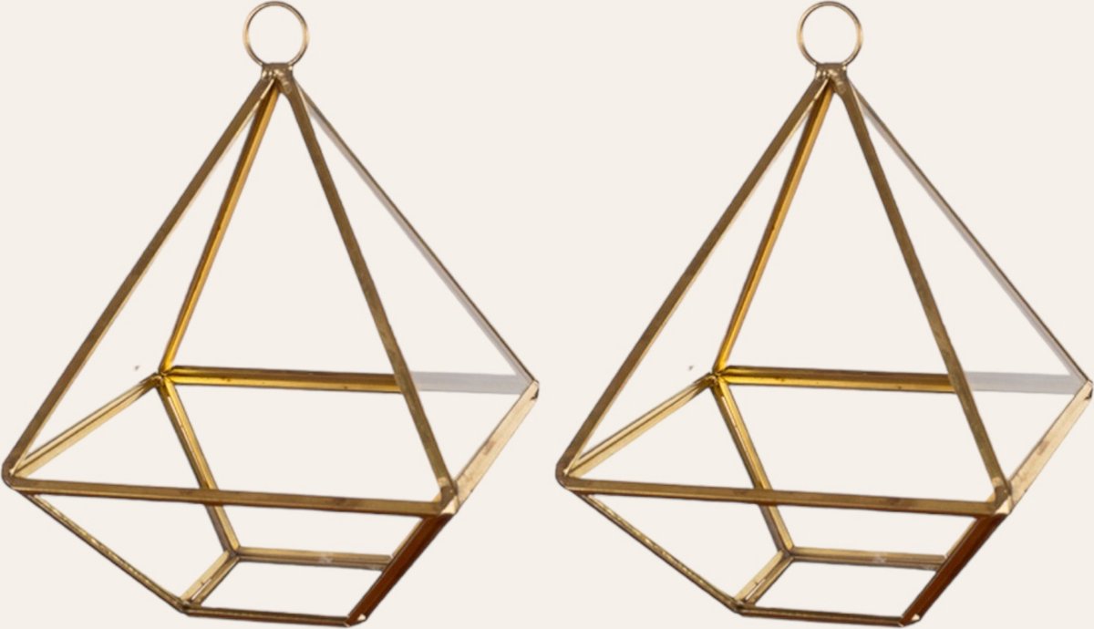 WinQ- Terrarium Piramide goud/glas 10x10x14-Set van 2- voorzijde open-Inclusief koord om op te hangen