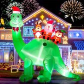 Kerstdecoratie - opblaasbare dinosaurus met kerstman, elf en rendier - met led verlichting