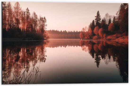 Dibond - Meer - Bomen - Bossen - Zonsondergang - Kleuren - 60x40 cm Foto op Aluminium (Met Ophangsysteem)