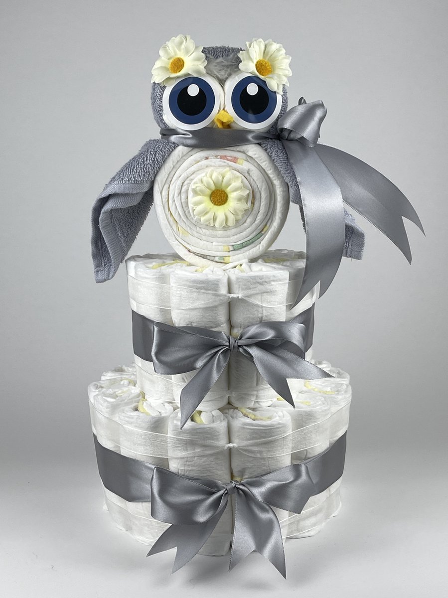 Goedkoopste Chouette-Chouette | Luiertaart Neutraal | Kraamcadeau | Geboorte Jongen Meisje | Babyshower | Uil Grijs