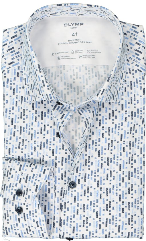 OLYMP 24/7 modern fit overhemd - twill - wit met blauw dessin - Strijkvriendelijk - Boordmaat: 39
