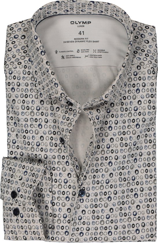 OLYMP 24/7 modern fit overhemd - twill - taupe met blauw dessin - Strijkvriendelijk - Boordmaat: 42