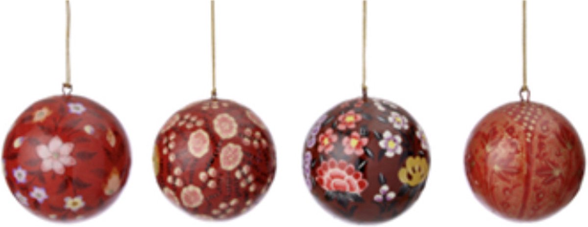 Bungalow kerstballen papier mâché Gaya ruby doosje met 4 stuks