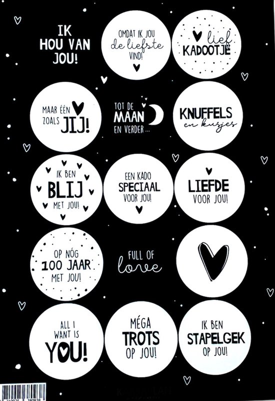 Stickers Liefde – Stickervel – Sluitsticker – Speciaal – Trots – 15 Assorti – Sluitzegel – Zwart / Wit – Cadeau – Kaart – Cadeau – Gift – Cadeauzakje | Valentijn – 14 februari – Feestje – Hartjes | Moederdag | Vaderdag | Partner | Romantisch