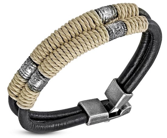 Montebello Armband Marcel A - Leer - 316L Staal - Touw - 15mm - 21cm
