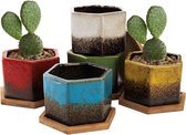 Set van 5 keramische vetplantenpotten, 4,2 inch geglazuurde cactuspotten, geometrische mini-bloempotten met drainagegat en bamboe dienblad voor thuis- en kantoordecoratie.