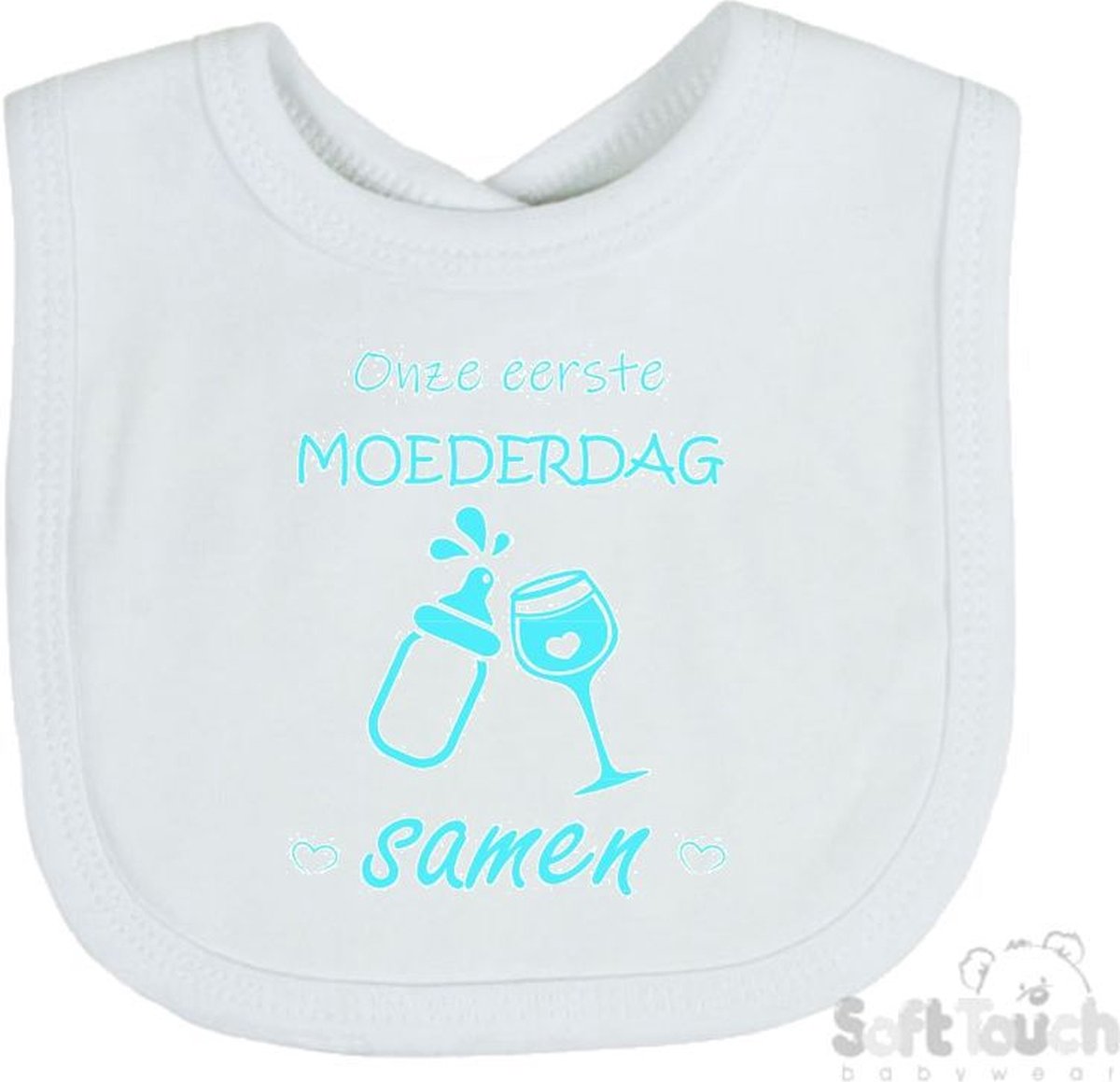 Goedkoopste Soft Touch Slabber Slabbetje Slab Onze eerste moederdag samen Moederdag Unisex Katoen Wit/aquablauw Maat 33x22 Cm