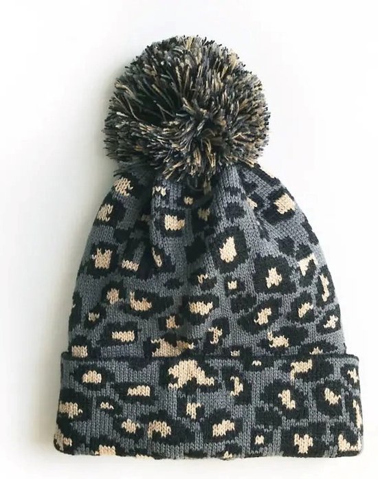 Grijze/zwarte panterprint/luipaardprint muts -voor dames/vrouwen Luipaard/panter dieren artikelen - Winterkleding/buitenkleding