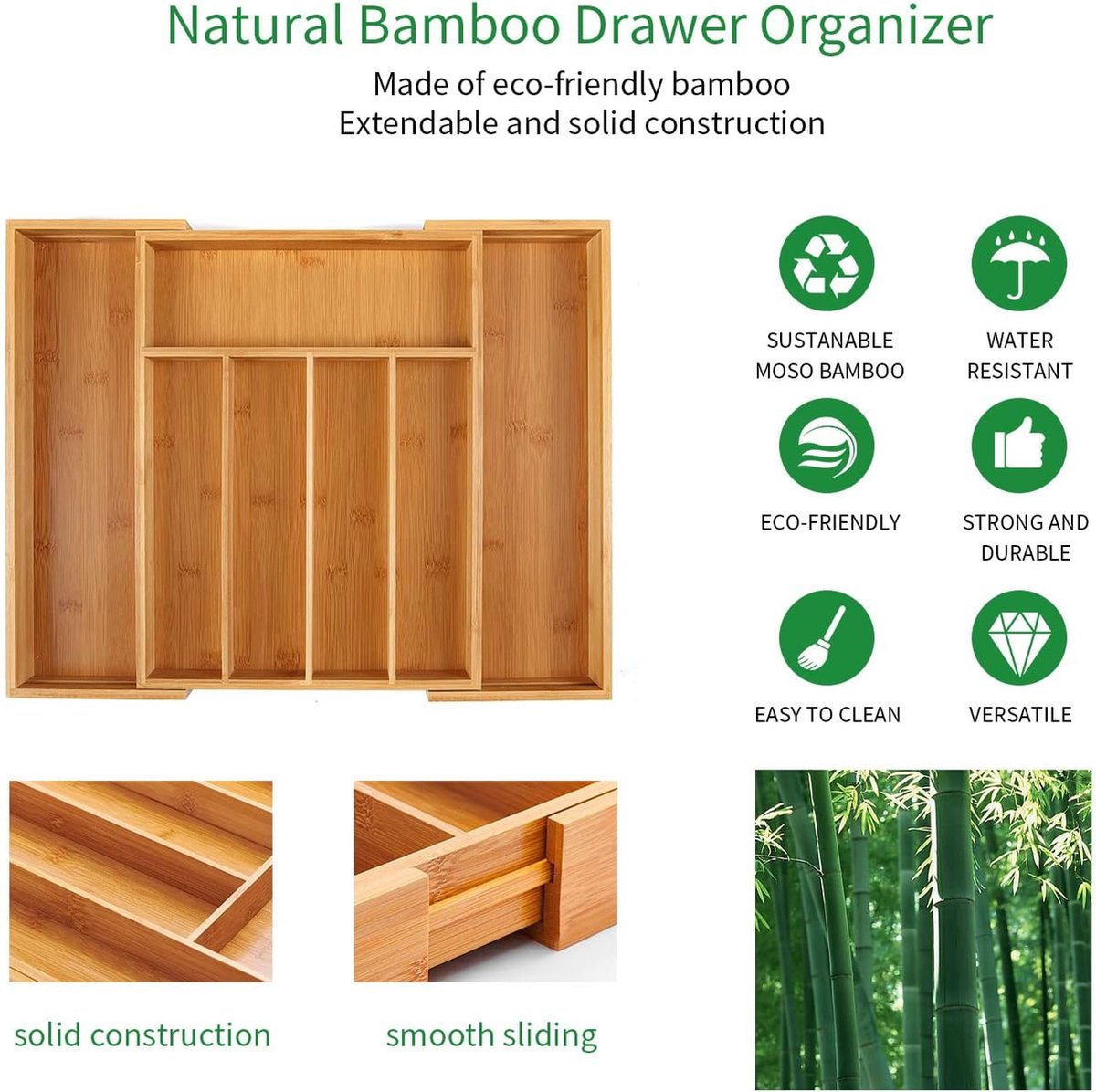 Bamboe Uitbreidbare Besteklade Organiser Houdt Bestek Keukengerei Besteklade Accessoires Lade Organiser