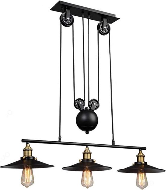 Hoexs - Hanglamp Industrieel Vintage - 3-delig Verstelbare Plafondlamp - max 150cm E27 Zwart - Geschikt voor Eettafel - Keukeneiland Loft-