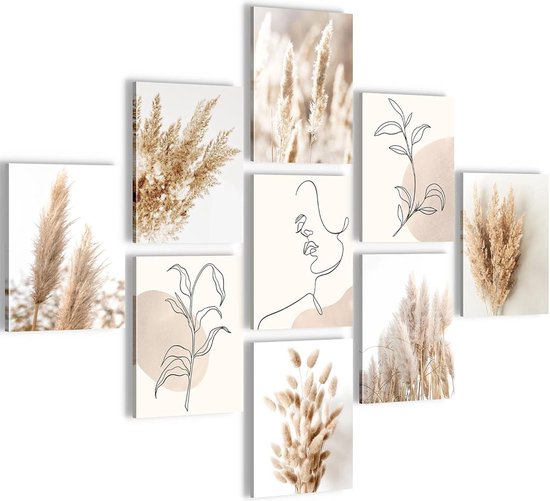 Décoration murale Boho : Entièrement à Suspendre avec des Motifs d'Herbe de Pampa pour Salon et Chambre - Set de 9 Mood Moderne - Images - Set de Toile 9 pièces
