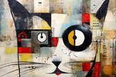 JJ-Art (Canvas) 150x100 | Poes in abstract grunge, Herman Brood stijl, kunst | kat, dier, kleurrijk, rood, blauw, geel, zwart, wit, modern | Foto-Schilderij canvas print (wanddecoratie)