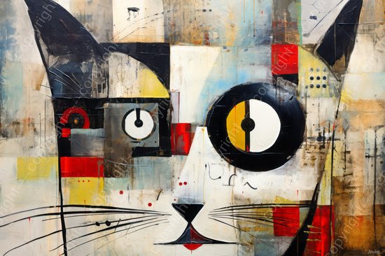 JJ-Art (Canvas) 120x80 | Poes in abstract grunge, Herman Brood stijl, kunst | kat, dier, kleurrijk, rood, blauw, geel, zwart, wit, modern | Foto-Schilderij canvas print (wanddecoratie)