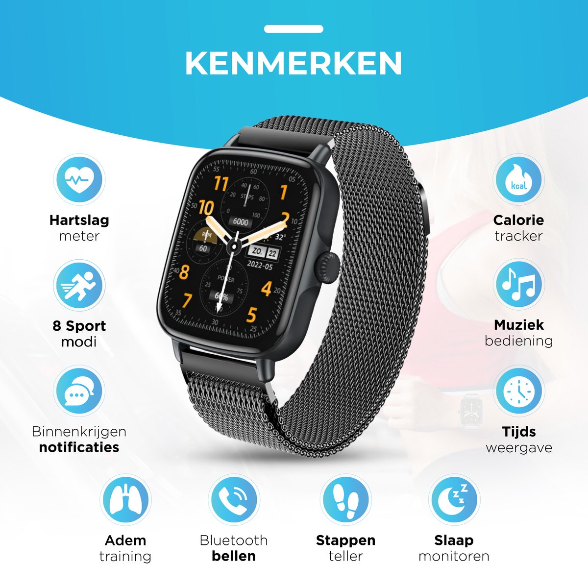 AyeWay Smartwatch Stalen Band Waterdicht & Touchscreen Met App