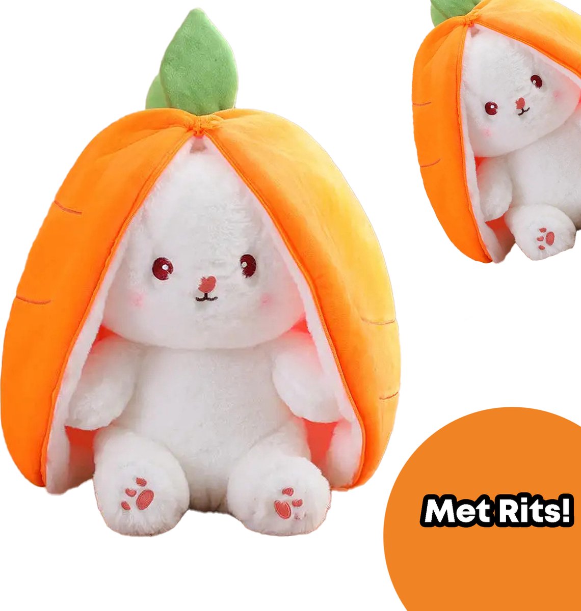 Knuffelkings® Konijn Knuffel - Knuffel Konijn - Carrot Bunny - Konijn Rits Knuffel - Tiktok Knuffel - Wortel - 25cm - Oranje